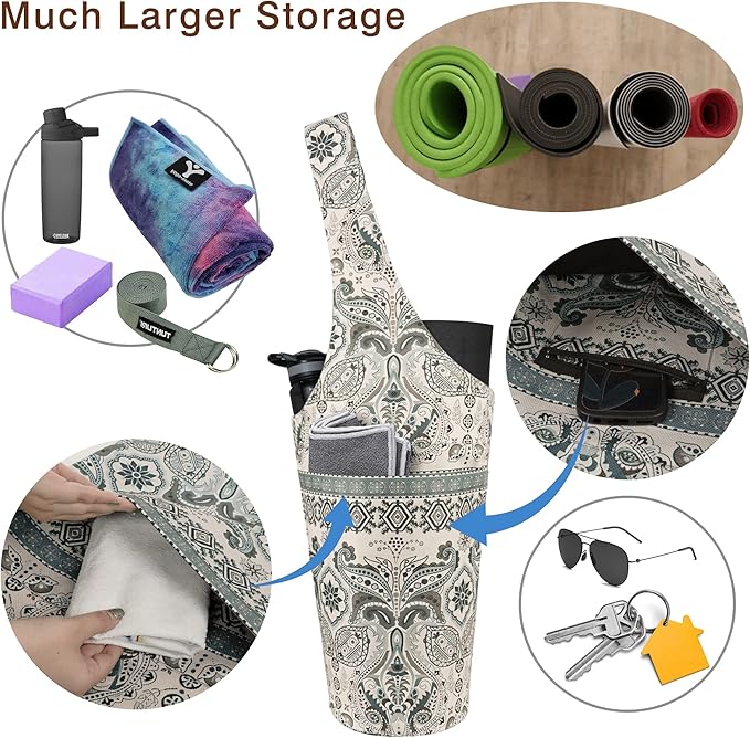 Fashion Printed Yoga Mat Bag with Large Side Pocket & Zipper Pocket Long Tote Yoga Bag Fit Most Size Mats - Holds More Yoga Accessories