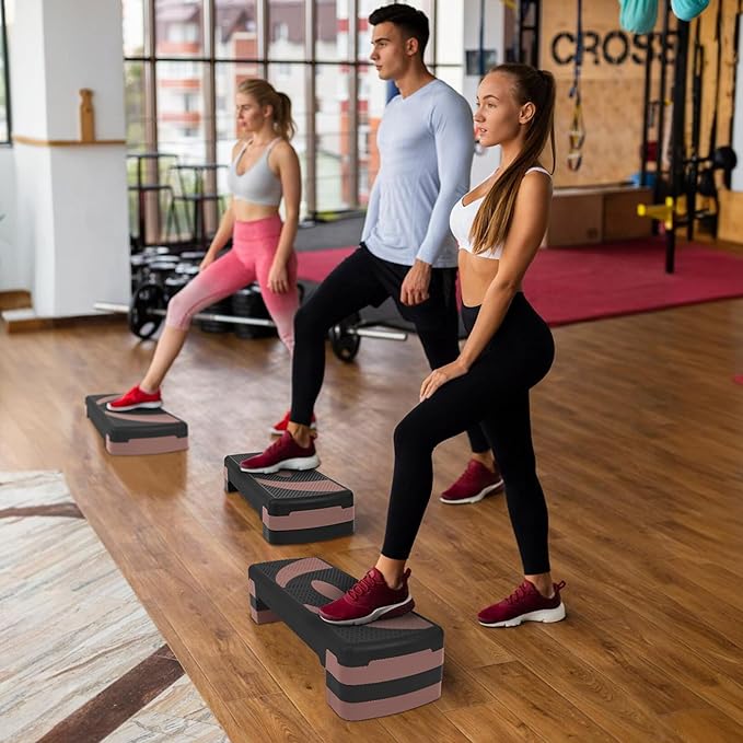 Fitvids Step Aerobic Platform, 31" Exercise Step with 3 levels Adjustable Height, 4 Stackable Risers, Fitness Training Workout Stepper for Home Gym, Cardio Strength, Black & Pink