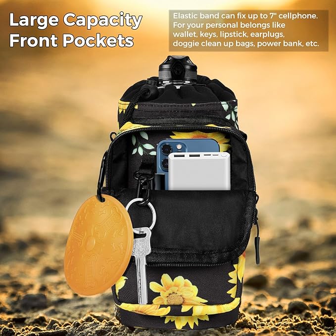 Nuovoware Water Bottle Carrier, 40oz Bottle Carrier Sports Insulated Water Bottle Holder with Adjustable Shoulder Strap, 2 Pockets Flask Sling Bag Drawstring Pouch for Climbing Hiking Walking