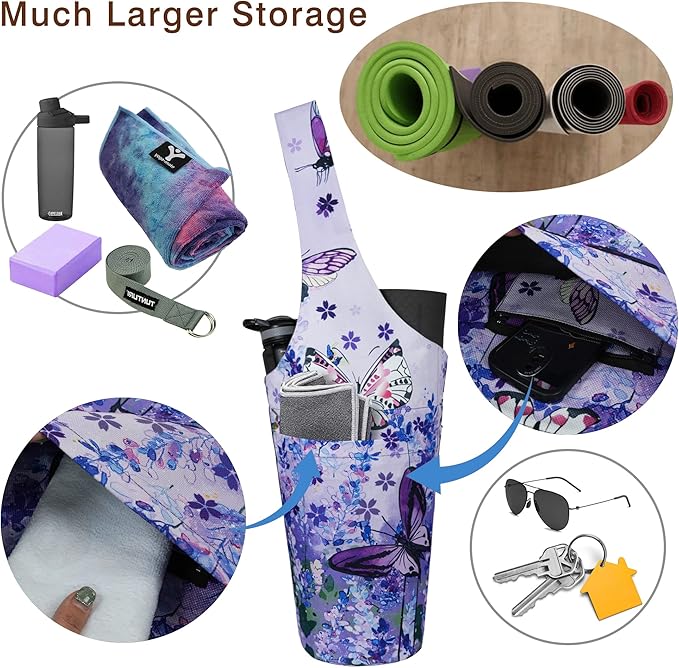 Fashion Printed Yoga Mat Bag with Large Side Pocket & Zipper Pocket Long Tote Yoga Bag Fit Most Size Mats - Holds More Yoga Accessories