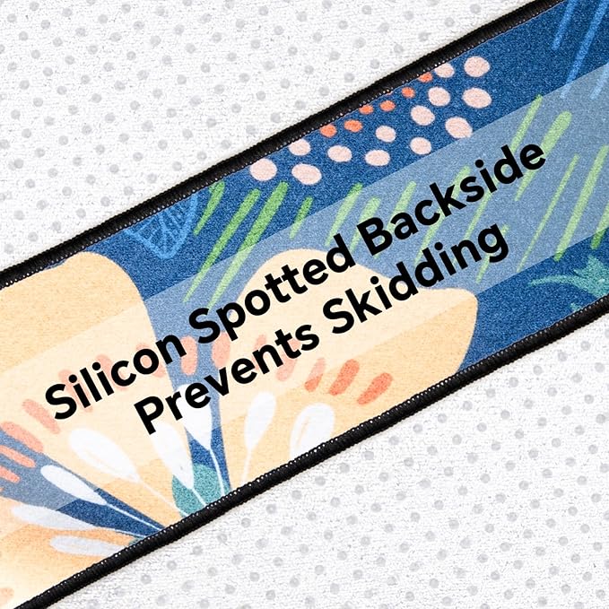 Colorful Star Yoga Towel with Corner Pockets, Non Slip Grip Dots Sweat Absorbent Hot Yoga Mat Towels, Yoga Blankets with Travel Bag, Mat Cover for Workout, Gym, Fitness - 74"x26", Blue Yellow Flowers