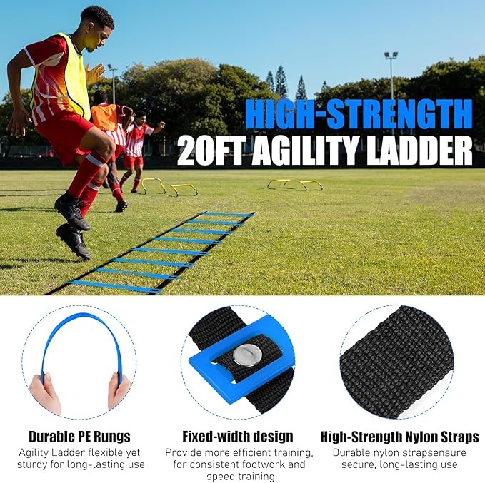 Agility Ladder, Soccer Speed Training Equipment, Football Practise Set with 20ft Ladder, 12 Cones, 4 Adjustable Hurdles, Jump Rope, Parachute, for Basketball, Football, Kids, Youth, Adults