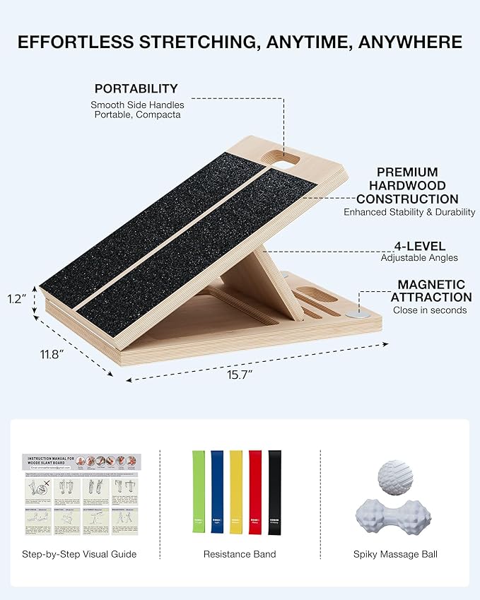 TEMI Slant Board for Calf-Stretching - Wooden Incline Wedge Stretcher for Squats, Foot & Ankle Mobility, Portable Fitness Equipment, Balance Block
