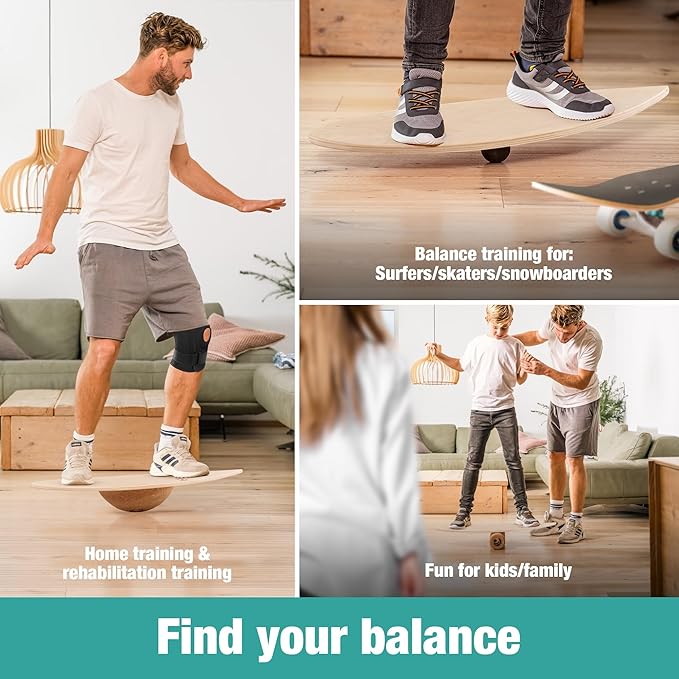 Wooden Balance Board - unique [incl. corc roller, corc hemisphere and balance ball] Balance Board Kids - Balance Boards for Adults - Indo Board Mobo Board Gibbon Board Giboard Slackboard Balancing