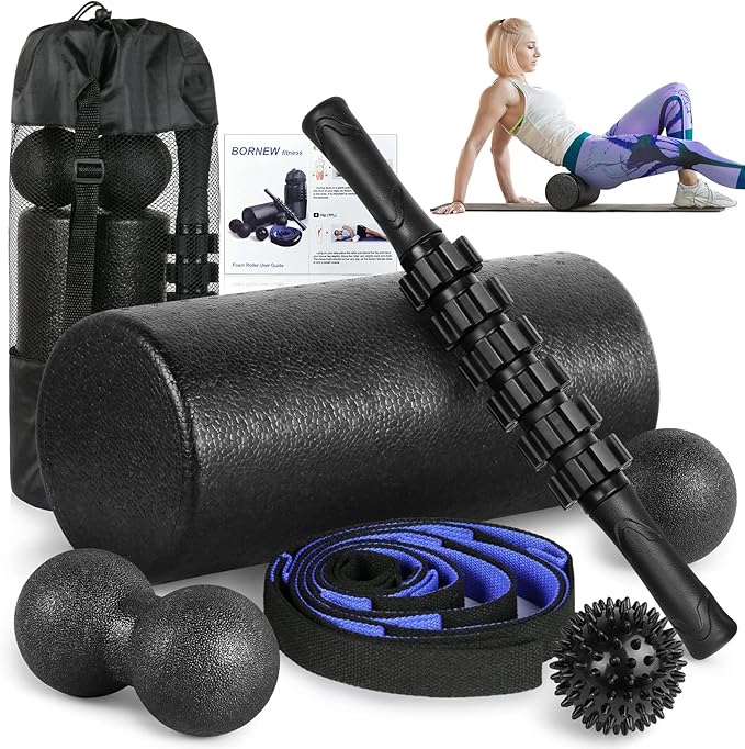Foam Roller Set - High Density Back Roller, Muscle Roller Stick,2 Foot Fasciitis Ball, Stretching Strap, Massager Ball for Whole Body Physical Therapy & Exercise, Yoga, Back Pain, Leg, Deep Tissue