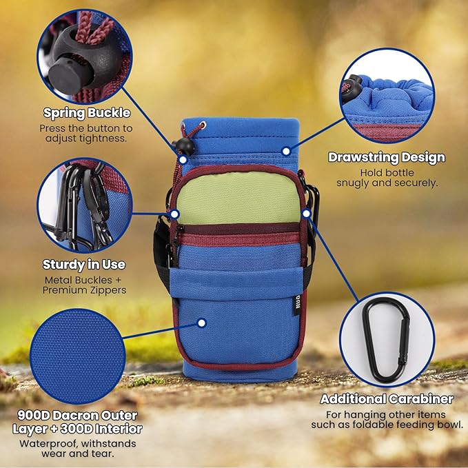 Nuovoware Water Bottle Carrier, 40oz Bottle Carrier Sports Insulated Water Bottle Holder with Adjustable Shoulder Strap, 2 Pockets Flask Sling Bag Drawstring Pouch for Climbing Hiking Walking