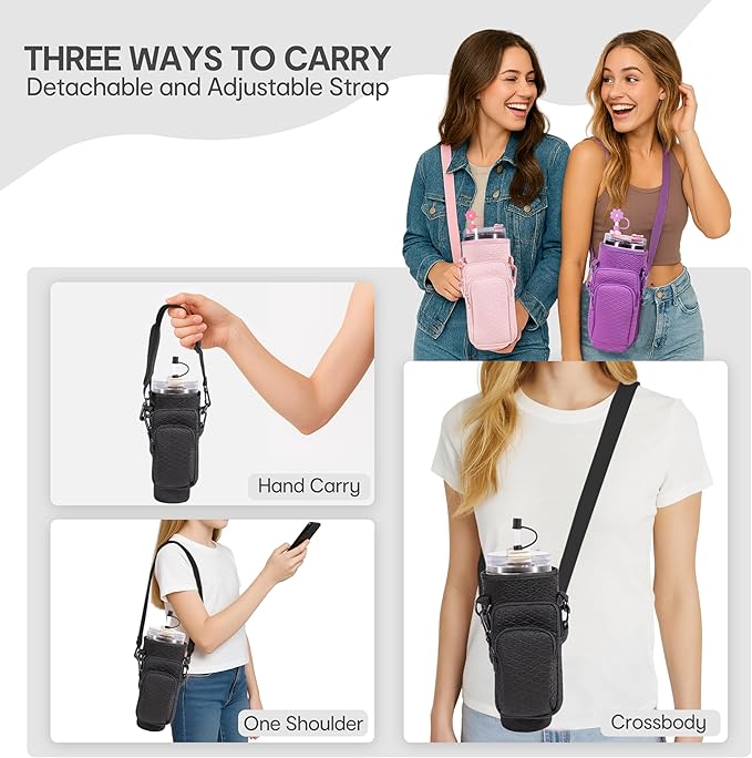 &And Per Se Water Bottle Carrier Bag, 40oz Water Bottle Holder with Detachable Phone Pocket, Food-Grade Straw Cover, Bag Charm and Adjustable Shoulder Strap (Black)