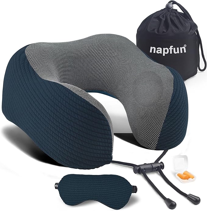 napfun Neck Pillow for Traveling, Upgraded Travel Neck Pillow for Airplane 100% Pure Memory Foam Travel Pillow for Flight Headrest Sleep, Portable Plane Accessories, Deep Blue Set, Medium (120-200LB)