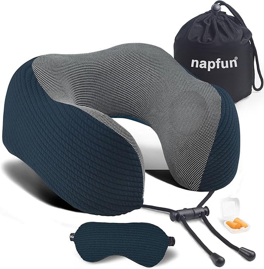 napfun Neck Pillow for Traveling, Upgraded Travel Neck Pillow for Airplane 100% Pure Memory Foam Travel Pillow for Flight Headrest Sleep, Portable Plane Accessories, Deep Blue Set, Medium (120-200LB)