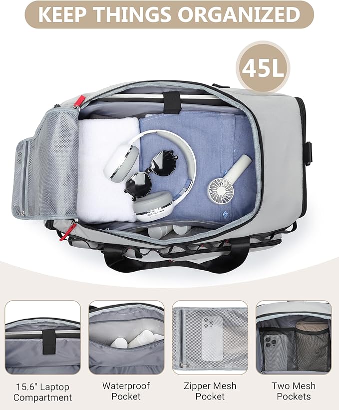 MCBD Gym Bags for Men & Women, 45L Travel Duffle Sports Backpack with Shoes & Laptop Compartment, Large Workout Carry On Bag Weekender Overnight Tote, Grey
