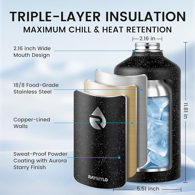 128oz Insulated Water Bottle, Triple Wall Vacuum Stainless Steel Water Bottles - Keeps Cold 48H, Reusable One Gallon Flask Jug for Gym, Sports, Camping, Hiking,Travel, Starry Sky-Black