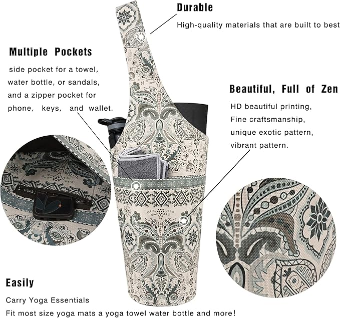 Fashion Printed Yoga Mat Bag with Large Side Pocket & Zipper Pocket Long Tote Yoga Bag Fit Most Size Mats - Holds More Yoga Accessories