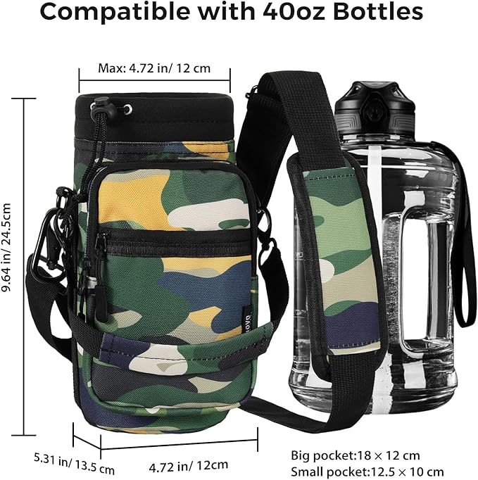 Nuovoware Water Bottle Carrier, 40oz Bottle Carrier Sports Insulated Water Bottle Holder with Adjustable Shoulder Strap, 2 Pockets Flask Sling Bag Drawstring Pouch for Climbing Hiking Walking