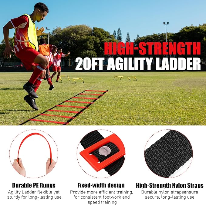Agility Ladder, Soccer Speed Training Equipment, Football Practise Set with 20ft Ladder, 12 Cones, 4 Adjustable Hurdles, Jump Rope, Parachute, for Basketball, Football, Kids, Youth, Adults