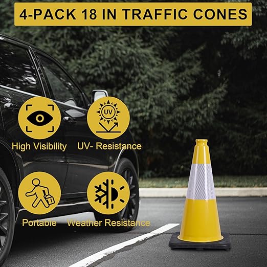 OrangeStar 4-Pack 18" Traffic Cones with Reflective Collar & Weighted Base, Yellow Safety Cones for Driving Practice, Parking Lots, Construction - Flexible PVC for Indoor Outdoor Use