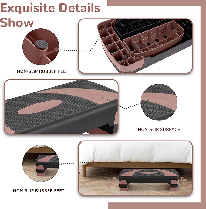 Fitvids Step Aerobic Platform, 31" Exercise Step with 3 levels Adjustable Height, 4 Stackable Risers, Fitness Training Workout Stepper for Home Gym, Cardio Strength, Black & Pink