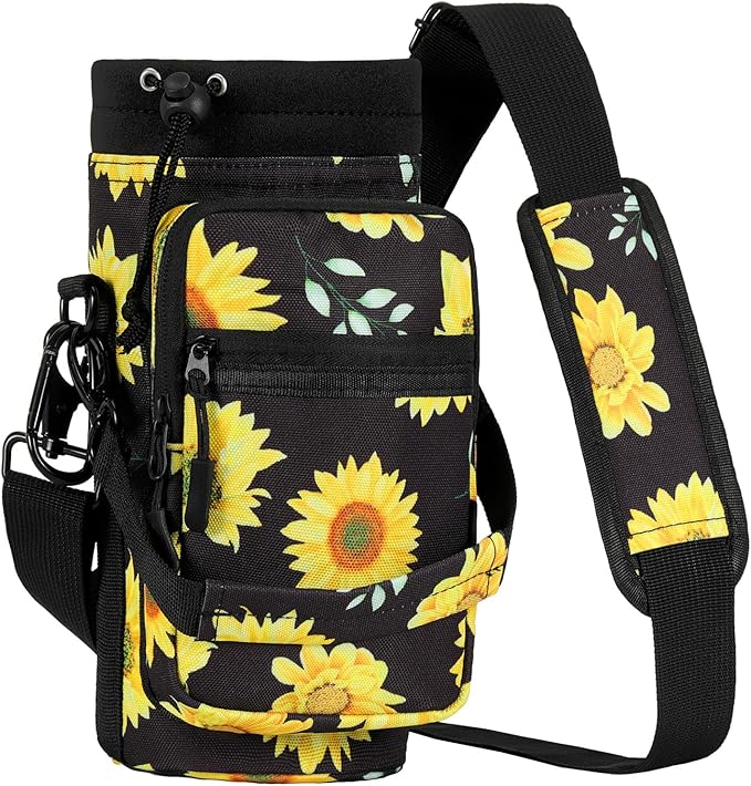Nuovoware Water Bottle Carrier, 40oz Bottle Carrier Sports Insulated Water Bottle Holder with Adjustable Shoulder Strap, 2 Pockets Flask Sling Bag Drawstring Pouch for Climbing Hiking Walking