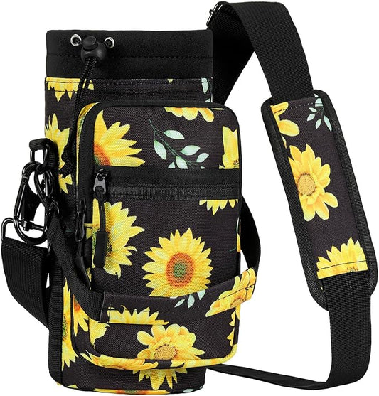 Nuovoware Water Bottle Carrier, 40oz Bottle Carrier Sports Insulated Water Bottle Holder with Adjustable Shoulder Strap, 2 Pockets Flask Sling Bag Drawstring Pouch for Climbing Hiking Walking