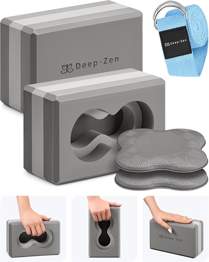 Deep-Zen® Yoga Blocks Wrist Support; Yoga Blocks 2 Pack with Knee Pads and Strap to Put Less Weight on Wrists; Durable, Versatile Yoga Brick Exercise Block Set, Blocks Yoga
