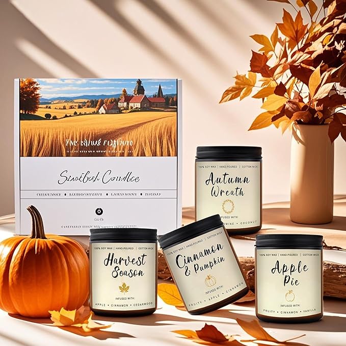 Fall Candles Gift Set – 4 Pack Scented Soy Candles for Home, Autumn Decor, Fall Decorations, Pumpkin Spice, Apple Pie, Cinnamon, Harvest – Great for Halloween & Thanksgiving Gifts