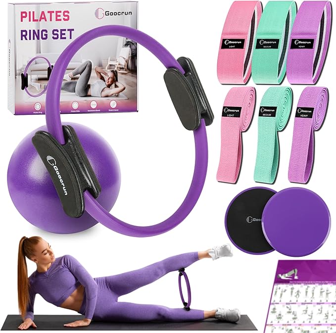 Pilates Ring Set with Resistance Bands Set, Pilates Ball, Sliding Disks – Workout Equipment Home Gym Includes Complete Fitness Poster