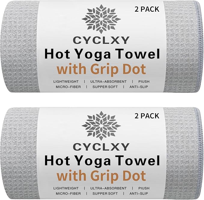 2 Pack Hot Yoga Towel with Grip Dot，Stickyfiber Yoga Mat Towels Non Slip for Hot Yoga,Absorbent Microfiber Sweat Anti-Slip Cover,Bikram,Pilates,Exercise,Fitness