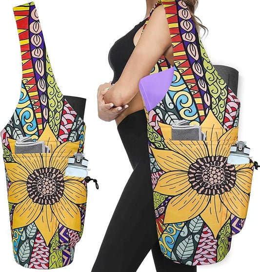 Yoga Mat Bag - Large Opening Long Tote Yoga Mat Carrier Holder Bag with Waterproof Wet Zipper Pocket and Drawstring Water Bottle Pocket - Yoga Bag Fit Most Size Mats