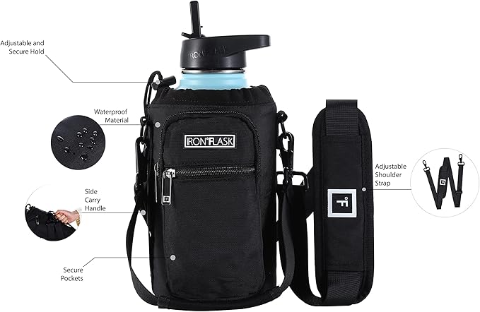 IRON °FLASK Carrier, Holder, Sleeve - Fits Insulated Stainless Steel Sports Water Bottle, Adjustable Shoulder Strap, Holder Bag Case Pouch Cover