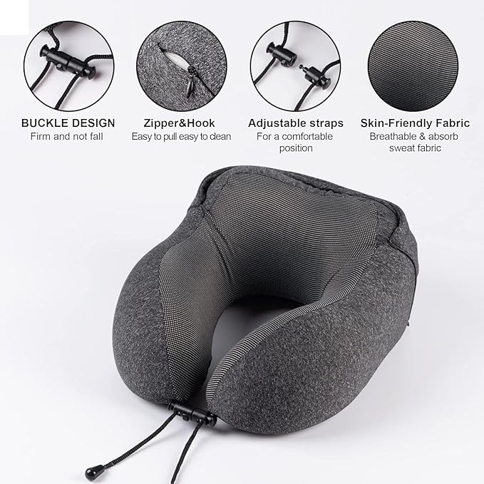 SKYANA Travel Pillow 100% Pure Memory Foam Neck Pillow, Comfortable & Breathable Cover, Machine Washable, Airplane Travel Kit with 3D Contoured Eye Masks, Earplugs, and Luxury .Dark Gray.