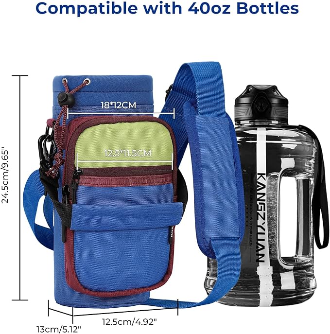 Nuovoware Water Bottle Carrier, 40oz Bottle Carrier Sports Insulated Water Bottle Holder with Adjustable Shoulder Strap, 2 Pockets Flask Sling Bag Drawstring Pouch for Climbing Hiking Walking