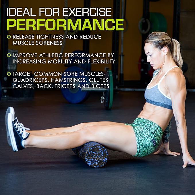 ProsourceFit High Density Foam Rollers 12 - inches Long, Firm Full Body Athletic Massage Tool for Back Stretching, Yoga, Pilates, Post Workout Muscle Recuperation, Black/Blue