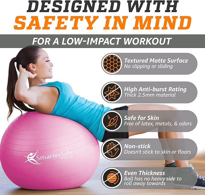 SmarterLife Exercise Ball Yoga Ball for Fitness, Balance, Stability, or Pregnancy, Gym Ball for Core Workout, Physical Therapy, Yoga Ball Chair for Office, Anti-Slip Anti-Burst