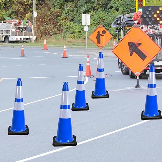 OrangeStar 4-Pack 28" Traffic Cones, Blue Safety Cones with Reflective Collars, Heavy Duty Base for Construction, Parking Lot, Road Work, Flexible PVC, Indoor & Outdoor Use