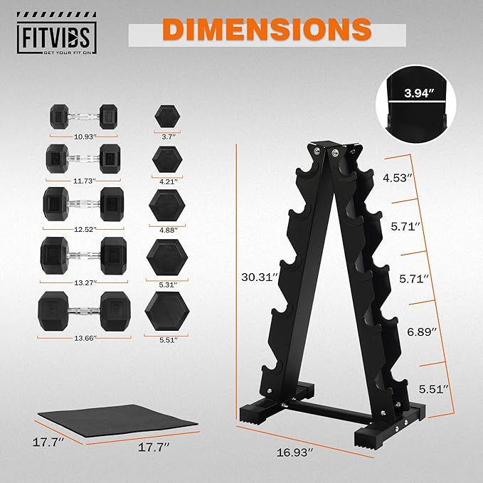 Fitvids Fitvids Rubber Coated Hex Dumbbell Weight Set and Storage Rack, 100LB Set or 150LB Set, 5-20 lbs Pairs or 5-25 lbs Pairs