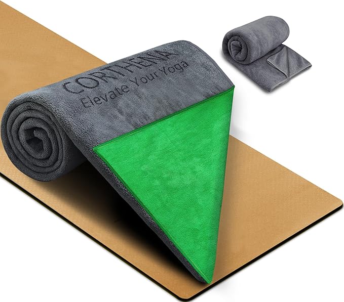 Hot Yoga Towel Set, Extra Thick 600GSM Soft Dual-Color Microfiber Non-Slip Yoga Mat Towel 72 x 27.5 in with Hand Towel, Sweat Absorbent Pilates Towel for Hot Yoga, Fitness, Grey/Green