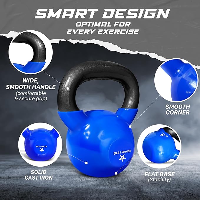 Yes4All Kettlebell, 5-100 LB Vinyl Coated Cast Iron Strength Training Kettlebells for Home Gym Exercises, Fitness, Full Body Workout Equipment, Push Ups, and Grip Strength