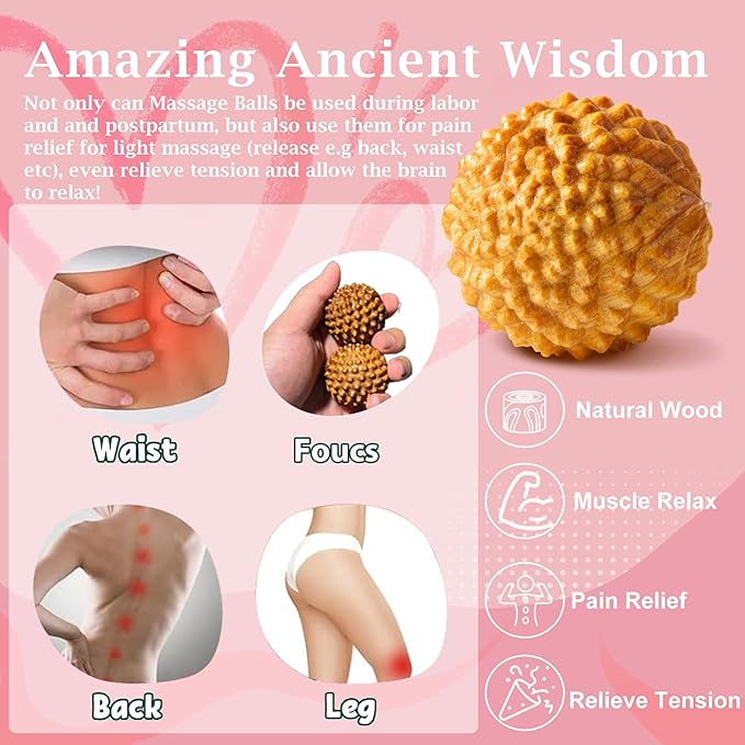 Wooden Massage Ball - 2pcs Acupressure Ball for Natural Labor and Delivery Essentials, Birthing Comb, Labor Comb Spiky Massage Ball Stress Relief