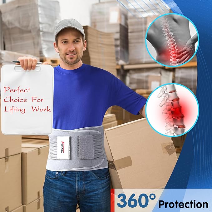 FEATOL Back Brace for Lower Back Pain Women, Breathable Back Support Belt for Women & Men with Lumbar Pad, Lumbar Support Belt for Heavy Lifting & Work, Scoliosis, Grey, 3XL (Circumference:54-63")