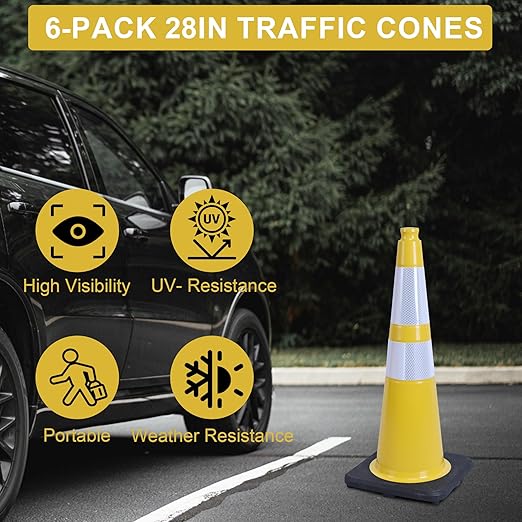 OrangeStar 6-Pack 28" Traffic Cones, Yellow Safety Cones with Reflective Collars, Heavy Duty Base for Construction, Parking Lot, Road Work, Flexible PVC, Indoor & Outdoor Use