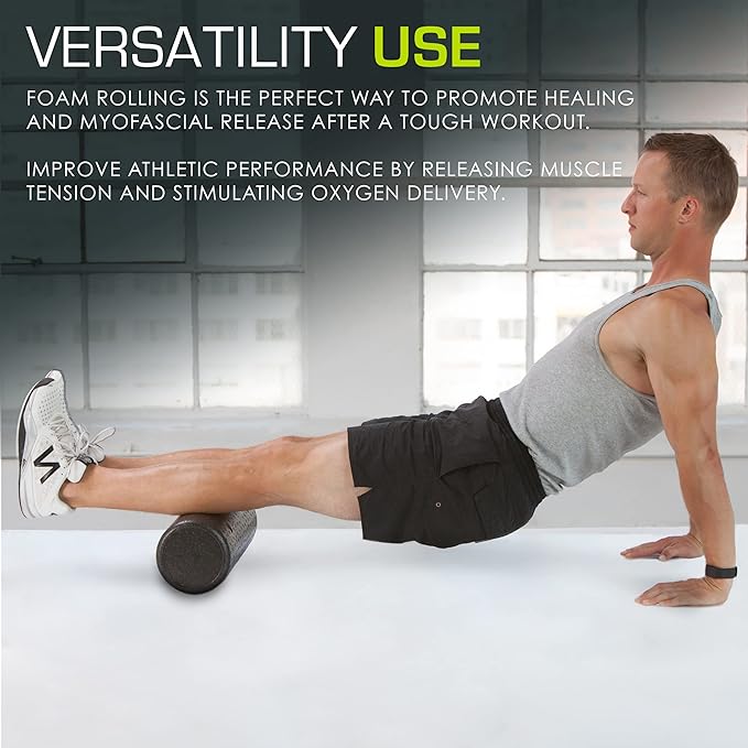 ProsourceFit High Density Foam Rollers 12 - inches Long, Firm Full Body Athletic Massage Tool for Back Stretching, Yoga, Pilates, Post Workout Muscle Recuperation, Black/Blue