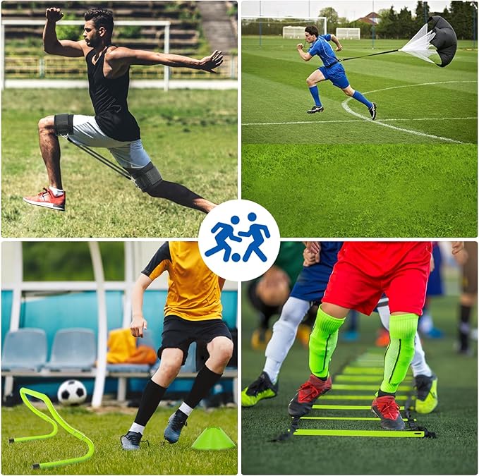 Agility Training Equipment, Football Training Equipment Includes 20FT Agility Ladder,4 Adjustable Agility Hurdles, 12 Football Cones, Parachute, for Training Soccer Basketball Athletes