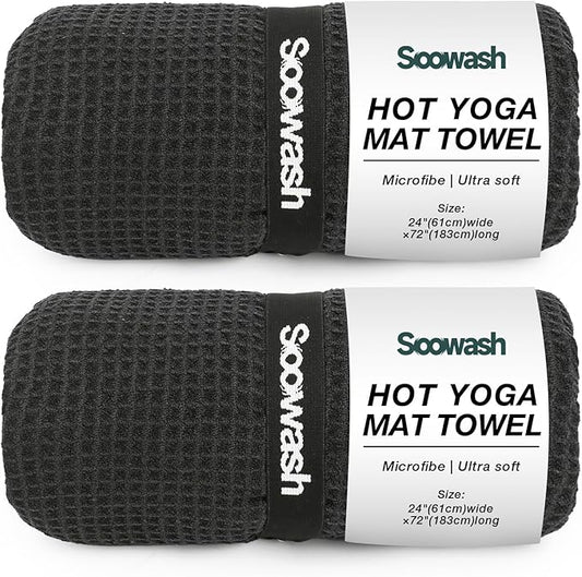2 Pack Hot Yoga Towel, Yoga Mat Towels Non Slip for Hot Yoga with Strap, Microfiber Yoga Accessories, Soft Absorbent Quick Dry, Pilates Exercise Fitness 24" X 72"Black