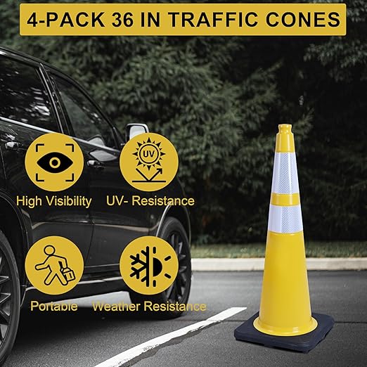 OrangeStar 4-Pack 36" Yellow Traffic Cones with Weighted Rubber Base, 2 Reflective Collars, Large Safety Cones for Parking Lot, Road Construction, Warehouse, Highway, Weatherproof PVC