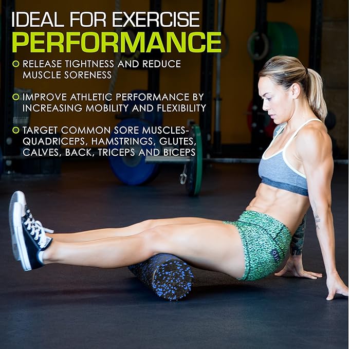 ProsourceFit High Density Foam Rollers 12 - inches Long, Firm Full Body Athletic Massage Tool for Back Stretching, Yoga, Pilates, Post Workout Muscle Recuperation, Black/Blue