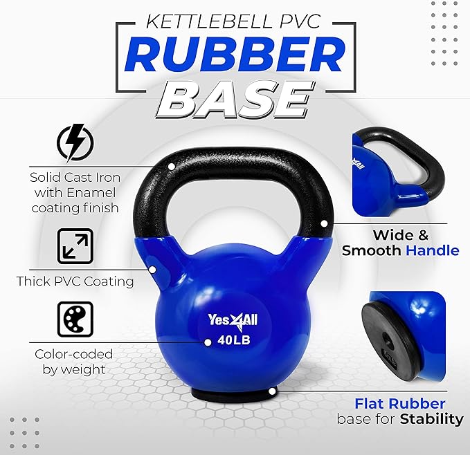 Yes4All Kettlebells Rubber Base, Kettlebell Set for Women, Strength Training Kettlebells Weights (10-65 lbs)
