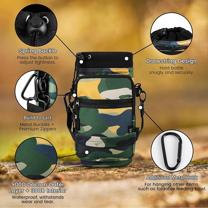 Nuovoware Water Bottle Carrier, 40oz Bottle Carrier Sports Insulated Water Bottle Holder with Adjustable Shoulder Strap, 2 Pockets Flask Sling Bag Drawstring Pouch for Climbing Hiking Walking