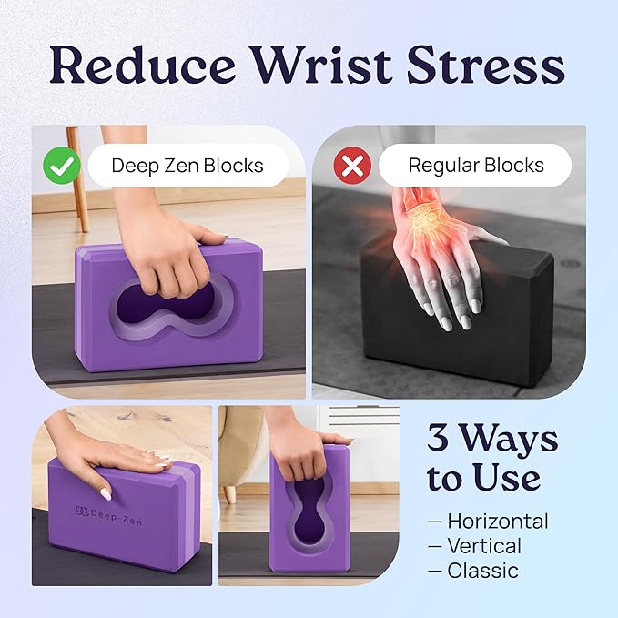 Deep-Zen® Yoga Blocks Wrist Support; Yoga Blocks 2 Pack with Knee Pads and Strap to Put Less Weight on Wrists; Durable, Versatile Yoga Brick Exercise Block Set, Blocks Yoga