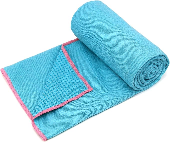 Eunzel Hot Yoga Towel - Microfiber Non Slip Yoga Mat Towel with Grip Dot Sweat Absorbent Towel for Hot Yoga, Pilates and Fitness 72" x 24", Sky Blue/Pink