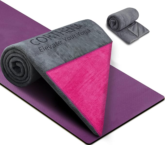 Hot Yoga Towel Set, 600GSM Yoga Mat Towel Extra Thick Dual-Color Microfiber, Soft Non-Slip Sweat Absorbent, 72" x 27.5" with Matching Hand Towel for Hot Yoga, Pilates, Fitness, Grey/Pink
