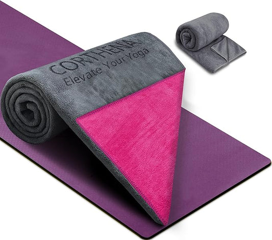 Hot Yoga Towel Set, 600GSM Yoga Mat Towel Extra Thick Dual-Color Microfiber, Soft Non-Slip Sweat Absorbent, 72" x 27.5" with Matching Hand Towel for Hot Yoga, Pilates, Fitness, Grey/Pink